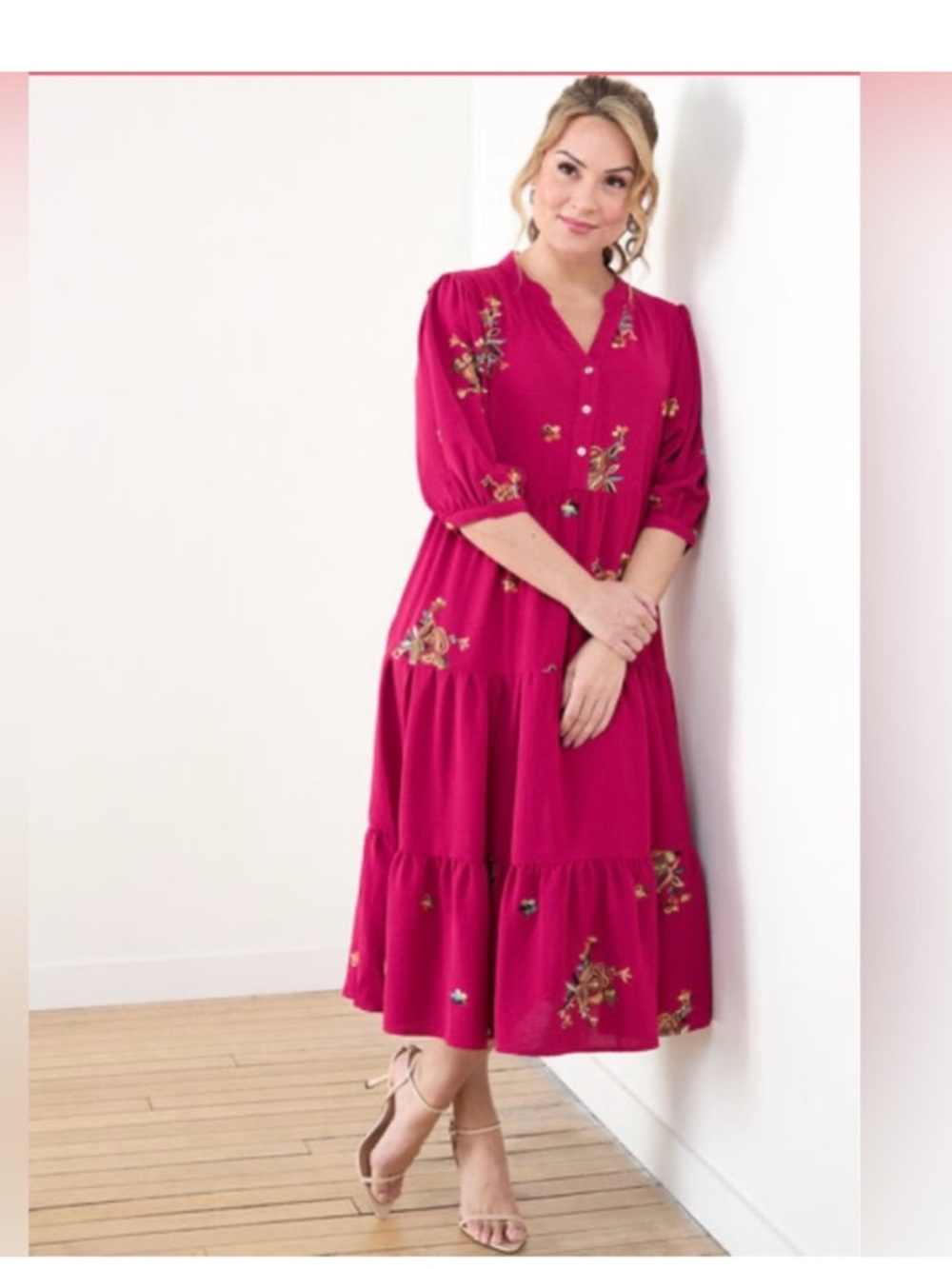 Anthropologie Fig & Flower Pink Embroidered Dress Size L- Boho Floral Tiered